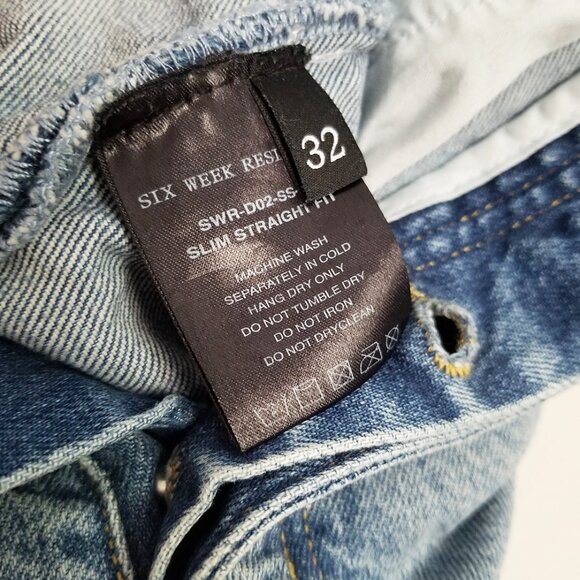 Six Week Residency Men's 32 Slim Straight Leg Jeans Distressed Light Blue $240 - Picture 8 of 16